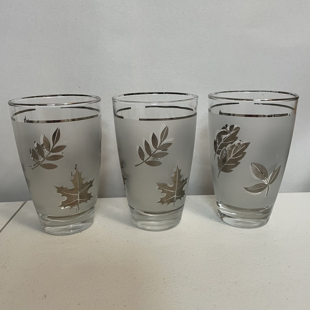 Vintage Libbey Silver Leaf Set of 3 Frosted 4 3/4" Tumbler Glasses